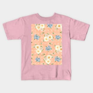 White Roses Blue Forget Me Nots Polka Dots on Peach Fuzz Abstract Floral Kids T-Shirt